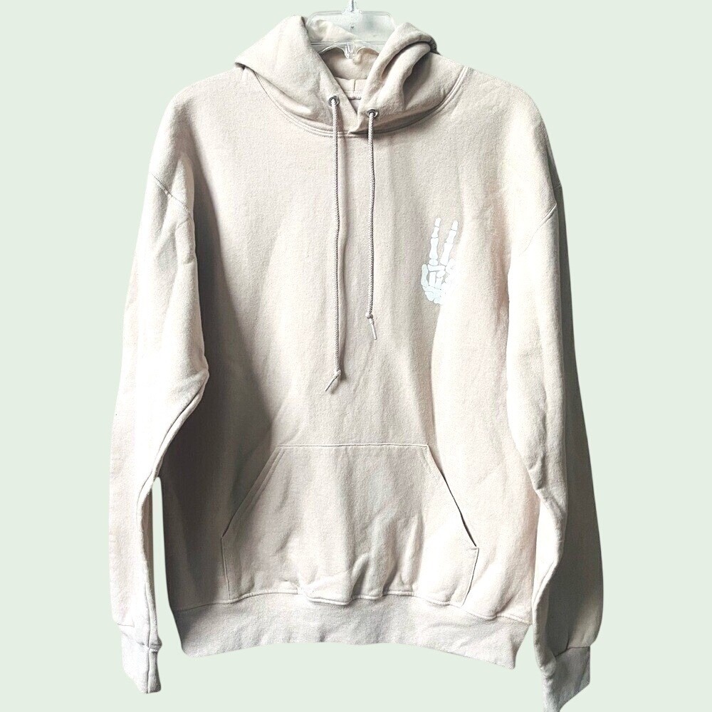Bowery Supply Co Skeleton Peace Sign Beige Hoodie Sweatshirt Mens Medium Grunge
